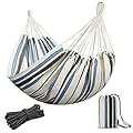 JoyView Brazilian Double Hammock with Hanging Ropes Extra Large 86.6x59” Portable Cotton Hammock for Patio Backyard Porch 450LBS Weight Capacity Perfect for Outdoor/Indoor - Blue & White Stripes