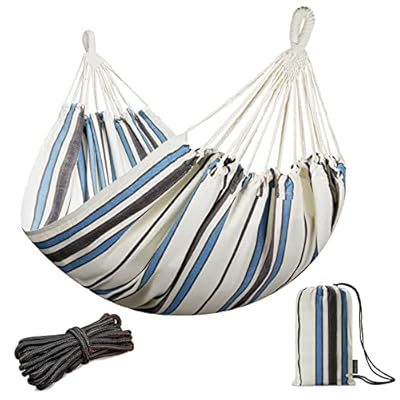 JoyView Brazilian Double Hammock with Hanging Ropes Extra Large 86.6x59” Portable Cotton Hammock for Patio Backyard Porch 450LBS Weight Capacity Perfect for Outdoor/Indoor - Blue & White Stripes