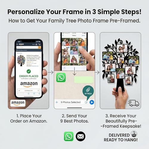 Image of MUSHA Personalized Family Tree Photo Frame | 9 Photo Customized Wall Collage | 12x18 Inch 6mm MDF | Send Photos We Print | Anniversary Housewarming Gift