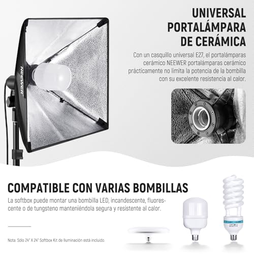 NEEWER 350W Equivalente Softbox Kit de Iluminación, 5700K LED Bombilla, 24x24 Pulgadas Softbox con Socket E27, Fotografía Kit de Iluminación Continua, Equipo de Estudio Fotográfico, NK300 - imagen 7