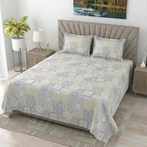 Image of Mafatlal 186 TC Metro Cotton King Size Bedsheet | 108 x 108 Inch|Soft, Breathable & Lightweight | Includes 2 Pillow Covers| Morning Sky 2