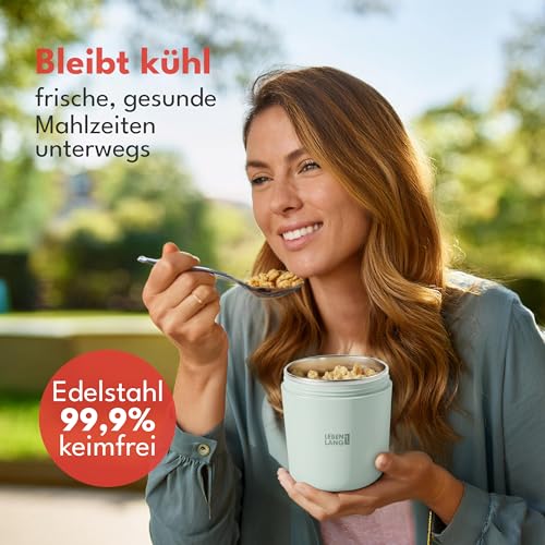 LEBENLANG Müsli To Go Becher mit Löffel - 650ml & Isolierende Edelstahlinnenwand I Müsli 2 Go Becher Porridge Becher To Go I Müslibecher to go 500ml + 150ml Müslibecher Groß Cereal Cup Chrunchcup