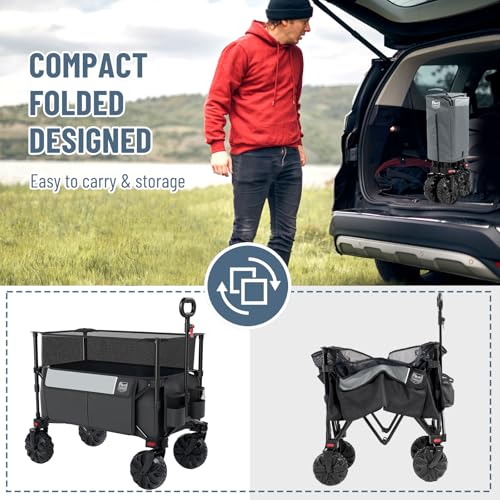 Image of Timber Ridge Foldable Wagon 350L Extendable Height, Large Capasity Collapsible Wagon Cart with All Terrians Detachable Wheels, Compact Folding Utility Wagon for Camping, Fishing, Shopping Grey