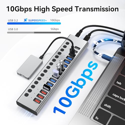 Image of VANGREE Powered USB Hub 10Gbps, 17 Ports USB 3.2 Hub, 96W Power Adapter