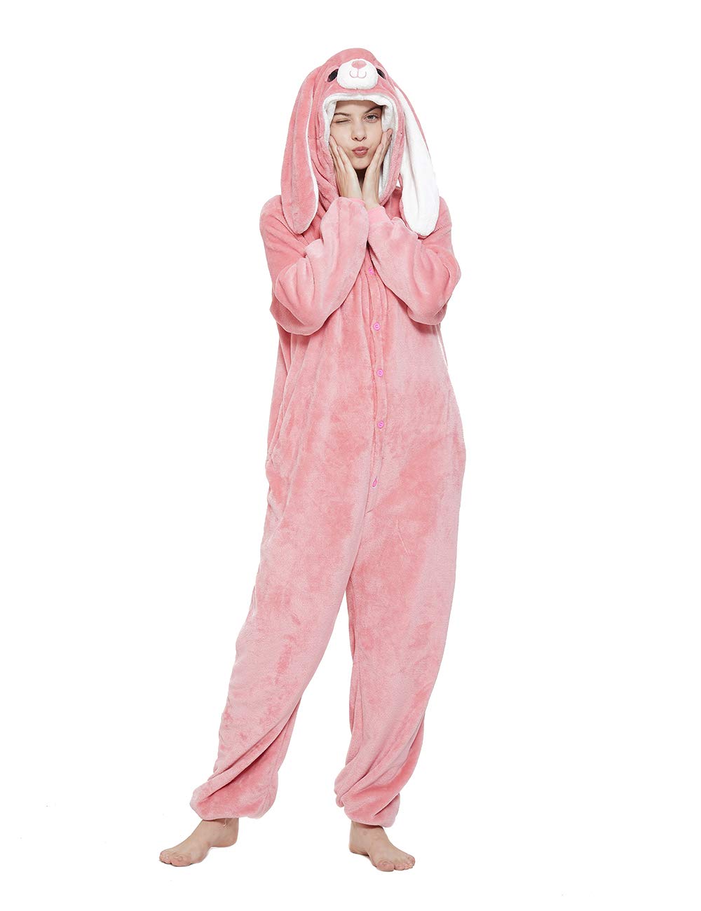 ABENCA Pijama enterizo de unicornio de forro polar para mujer, disfraz de una pieza para adultos, diseño de animales de dibujos animados, Navidad, Halloween, cosplay, Conejito rosado, S