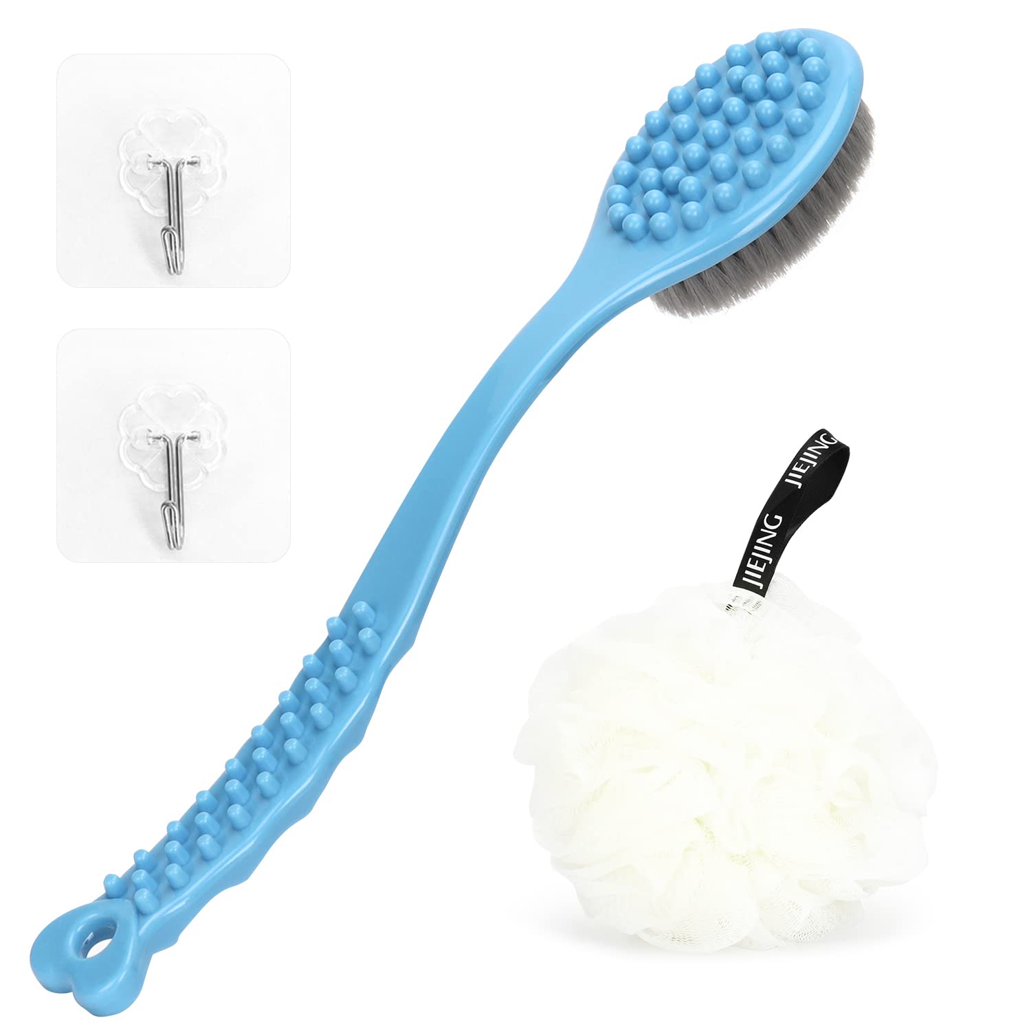Cepillo de Ducha de Mano, Esponjas de Baño ，Esponja Bano con 2pcs Ganchos Sin Costuras ，Adecuado Para Mujeres y Hombres Para Exfoliar, Limpiar y Calmar La Piel (azul + blanco)