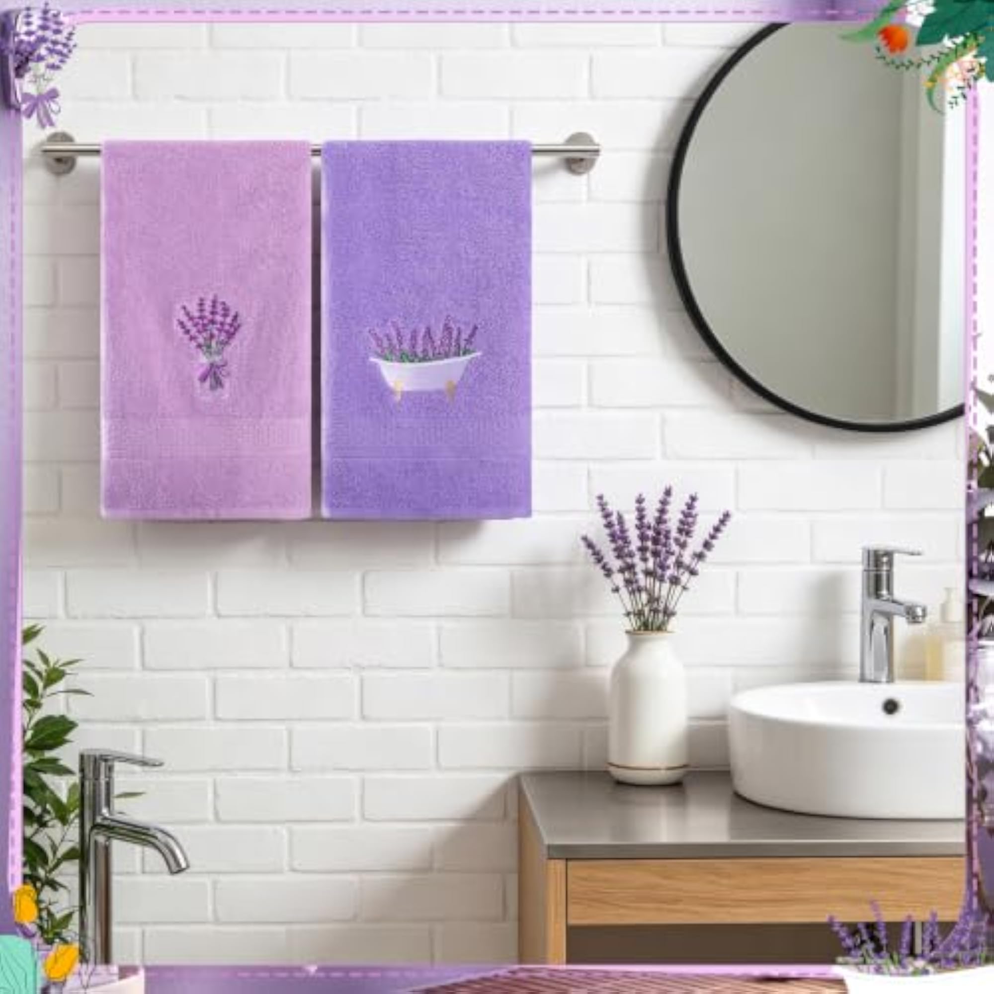 2 Pcs Lavender Hand Towels, Purple Bath Towels Set