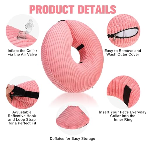 Image of BINGPET Inflatable Dog Cone Collar Alternative After Surgery,Soft Recovery Cone for Dogs to Stop Licking,Dogs Blow up Protective Neck Donut ECollars Adjustable for Large Medium Small Puppy Pet, Pink S