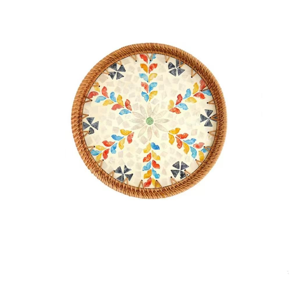 Bandeja redonda de ratán hecha a mano con incrustaciones de nácar, bandeja de servicio de ratán con base de madera, decoración de mesa con cestas de mimbre, almacenamiento y exhibición de pan, frutas,