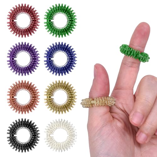 Wisdompro 16 Pack Spiky Sensory Finger Rings, Metal Anxiety and Stress Relief Fidget Ring Set for Adults, Men and Women - 8 Colors
