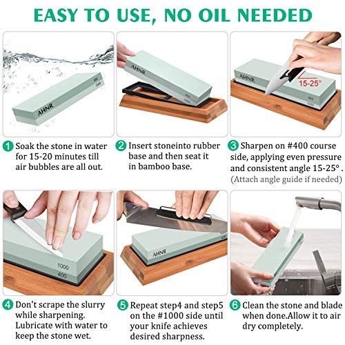 Whetstone Knife Sharpening Stone Set - 4 Side Grit 400/1000 and 3000/8000 Waterstone, Whetstone Sharpener Stone Set Includes NonSlip Bamboo Base, Flattening Stone & Angle Guide