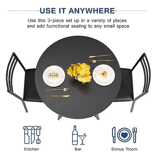 Image of VECELO Round Dining Room Table with Wood Grain Tabletop and Steel Frame, for Kitchen, Living Room, Office, Conference, 2 to 4 Person, Wood-Grain Black