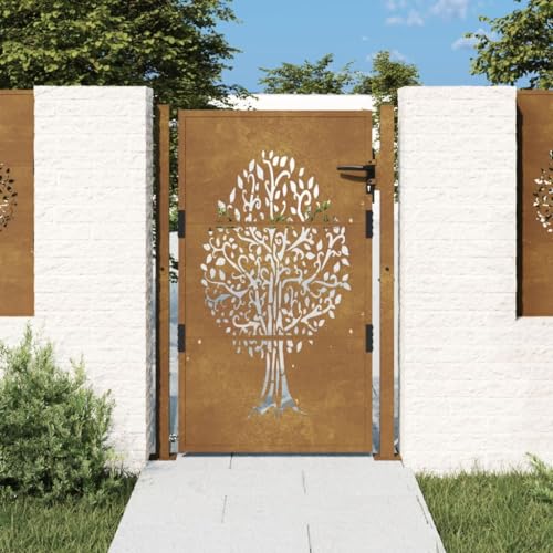 Homgoday Garden Gate, Metal Gate, Garden Door, Fence Door, Fence Gate, Entrance Gate, Yard Gate, Single Gate, Double Gate, Garden Fence, Gate, 105 x 155 cm, Corten Steel, Tree Design