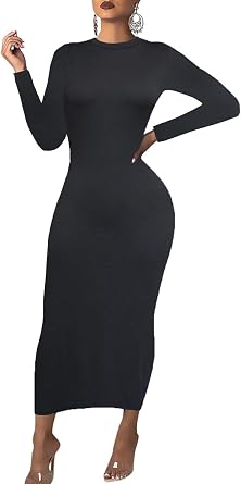 Womens Long Sleeve Bodycon Dress - Maxi Casual Fall Club Party Long Tight Pencil Dresses