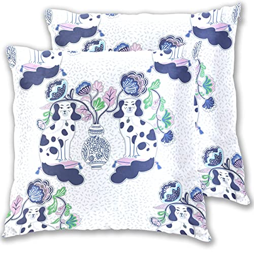 Juama Throw Pillow Covers Traditional Dog Chinoiserie Style White Decorative Square Cotton Velvet Pillowcase [Set Of 2, 20 X 20 Inch] For Sofa Chair Couch Bed Car #TOP1