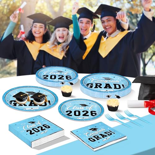 Image of QZYL 50 Set Graduation Party Supplies, Sky Blue Graduation Plates and Napkins 2026, Disposable Dessert Plates and Plastic Forks, 200Pcs Grad Party Tableware for Wedding, Birthday, Graduation