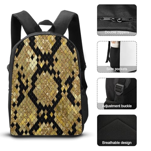 Gold Black Snake Pattern Backpack Set 3 Pieces Backpacks Lunch Bag Wallet For Travel Outdoor Sports3