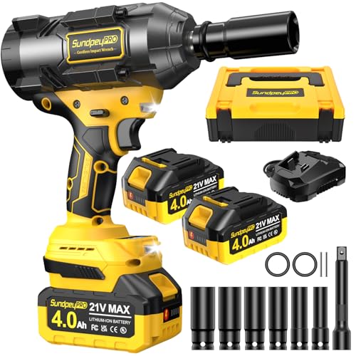 Llave de Impacto Inalámbrica 1500Nm, 1/2 Pistola de Impacto Bateria Brushless con 2 x 4000 mAh Baterías, 21V Llave de Impacto Eléctrica con 6 Enchufes y Barra de Extensión para Coche Hogar Amarillo