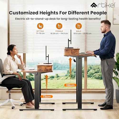 Image of ARTIKEL Valor Lite Electric Height Adjustable Standing Desk with Storage Drawers & Shelves| Sit-Stand Desk for Home Office |Ergonomic Workspace Table|120x60cm|Rustic Brown