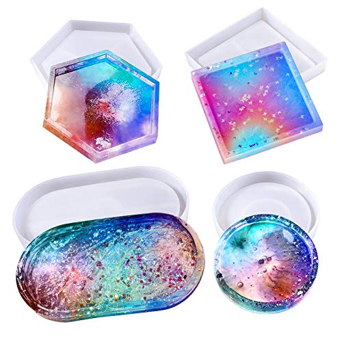 PHOGARY Silicone Resin Molds, 4Pack Resin Coaster Molds for Resin Casting, Epoxy Resin Mold, Square Round Oval Resin Mold, Large Silicone Molds for DIY Craft Jewelry Dish
