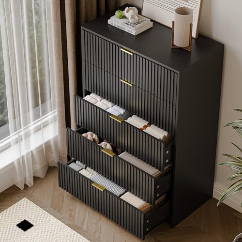 Image of MAISONARIA 5 Drawer Dresser for Bedroom, Tall Dresser Chest of Drawers with Gold Handles, 32 Inch Wide Nightstand with for Bedroom, Living Rooms, Offices, and Entryways, Black