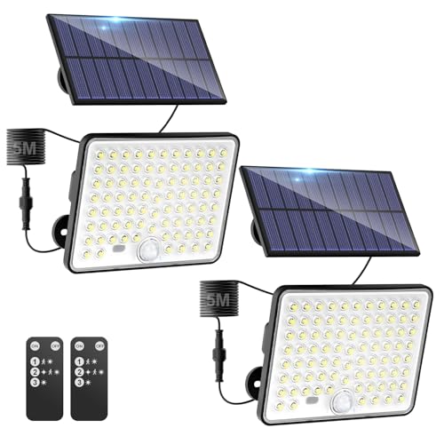 kolpop 2 Pacotes Focos LED Exteriores Solares, Focos LED Solares Sensor de Movimento com Comando à Distância, IP65 Impermeável Luz Solar, 3 Modos Luz Solar Exterior Potente para Jardim, Pátio