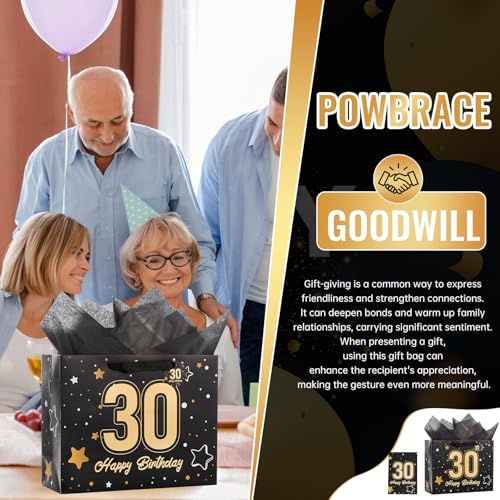 Image of Powbrace 13 inch Black 30th Birthday Gift Bag with Tissue Paper and Greeting Card for Party,Happy Birthday Gift Bag for Men Women,Gift Bags Medium size(1 Black 30th)