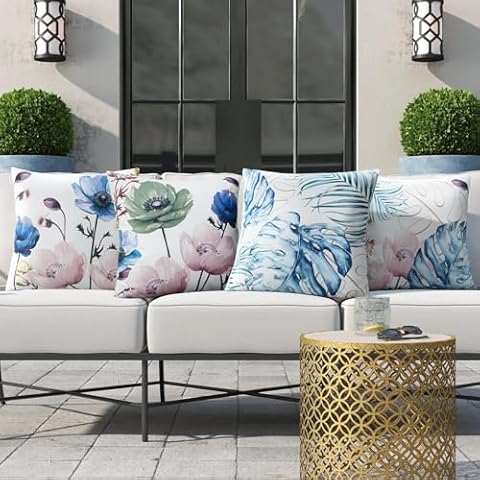 Adabana Outdoor Waterproof Throw Pillows Covers Set of 4 Decorative Floral Pillow Cover for Patio Furniture 18x18 Inch Cover