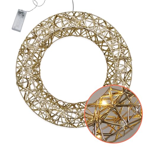 Leuchtring 30 cm mit Goldband umwickelt warm weiß mit Timer - 20 LED - Weihnachts Dekoleuchte zum Hängen Batterie betrieben - Weihnachten Stimmungslicht Advent Deko Ring beleuchtet