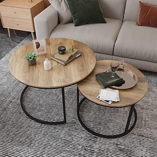 Smuxee Wooden Nesting Coffee Table with Adjustable Non-Slip Feet, 23.6" Round Coffee Table Set of 2, Industrial End Table Side Tables for Living Room Bedroom Balcony Yard (Wood Grain(23.6"))
