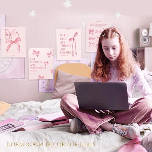 Image of LARTSFRO Coquette Pink Bow Wall Art Decor Posters, Pink Bow Christian Room Bedroom Bathroom Dorm Wall Art Decor for College Teen Girls Kids Gifts, Inspirational Bible Verses Bow Wall Decor, 10x8 Inch Set of 4 Pcs Bow Pictures (UNFRAMED)