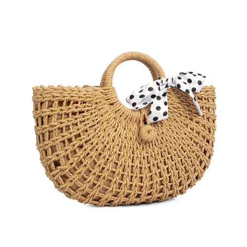 Image of YYW Straw Bags for Women,Hand-woven Straw Top-handle Bag with Round Ring Handle Summer Beach Rattan Tote Handbag