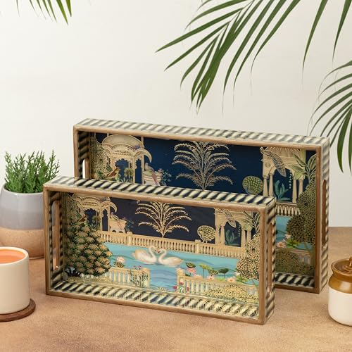 Image of Swan Wooden Serving Tray with Gold Engraving | Set of 2 | Size : 14 x 8 inch & 12 x 6 inch | Enamel Coated Waterproof | Rectangular | Swan Set of 2