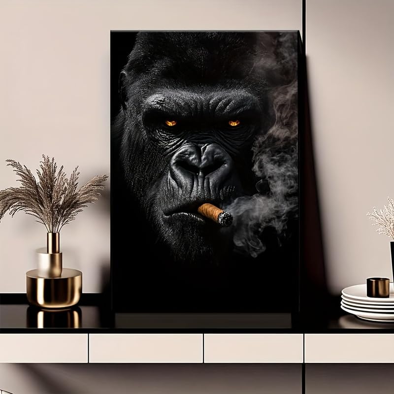 Tableau gorille fumant 80x120cm avec cadre intérieur pour décoration salon