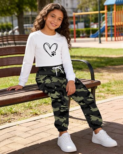 Image of Betusline Girls Fall Winter Clothing Sets, Long Sleeve Crop Top & Cargo Jogger Pants 2 Piece Outfit Sets,4T-14Y