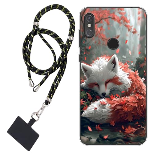 WUACYEAMING Carcasa para Móvil Compatible con Motorola One Power/P30 Note Cover Funda Transparente para móvil con Dibujo TPU Rama de Arce Zorro1*Cordón para Teléfono Ajustable