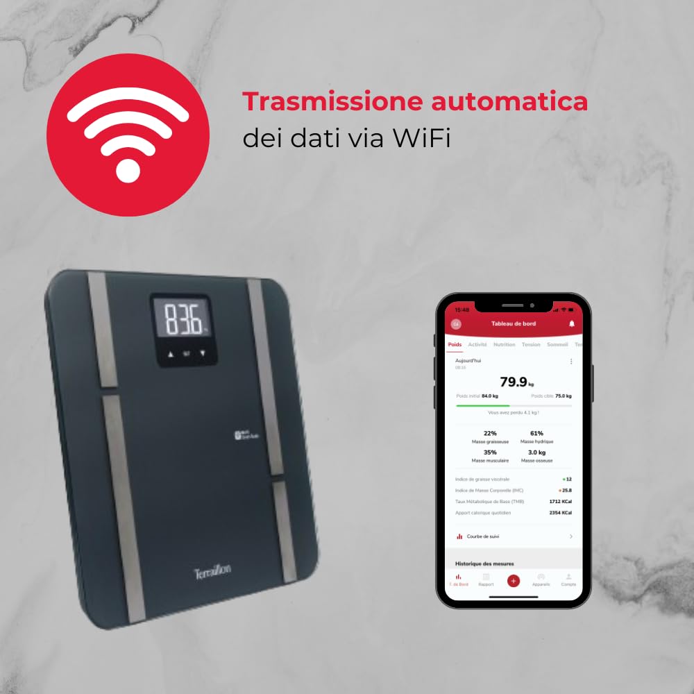 TERRAILLON - MASTER FIT ULTRA Bilancia connessa Wi-Fi, Frequenza cardiaca, Analisi delle masse grasse, muscolare, idrica, ossea e viscerale, BMI, Apporto calorico giornaliero