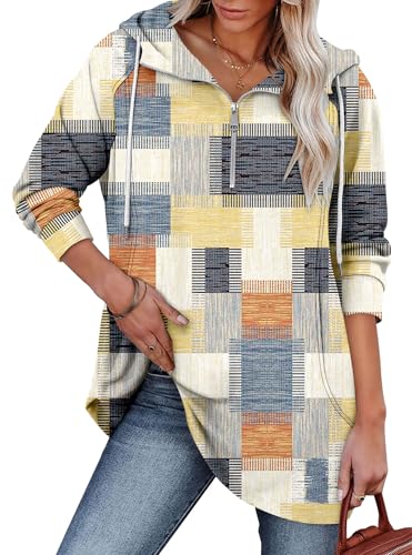 onlypuff Women Hoodie Pullover Trendy Quarter Zipper Lapel Sweatshirts Drawstring Cute Hooded Tunic Tops with Side Pockets