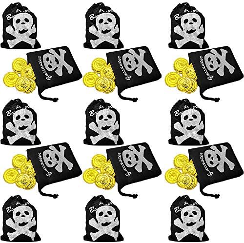 Pirate Bags with Gold Coins Set (Pack of 15) Fun Pirate Party Favor and Prize Excellent Gift for Kids Ages 5+