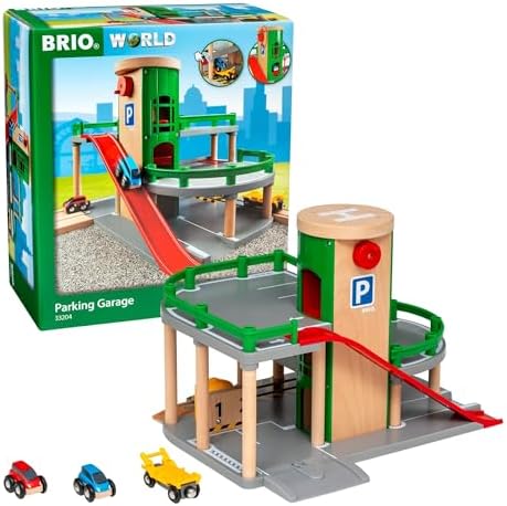 BRIO World Parking Garage - 7-Piece Wooden Toy Garage with 2 Cars, 1 Transporter Wagon, and Wooden Ramp Tracks - Works with All BRIO Train Sets - FSC-Certified - Sparks Creativity & Fun - Ages 3 & Up
