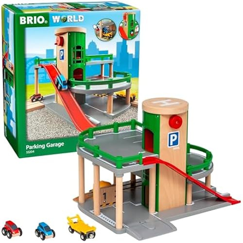BRIO World Parking Garage - 7-Piece Wooden Toy Garage with 2 Cars, 1 Transporter Wagon, and Wooden Ramp Tracks - Works with All BRIO Train Sets - FSC-Certified - Sparks Creativity & Fun - Ages 3 & Up