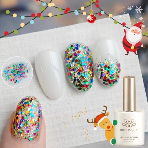 Born Pretty Christmas Jelly Glitter Sequins Gel Nail Polish Christmas Sparkly Shiny Red Green Sequins Jelly Gel Polish Sheer Translucent Effect Soak Off U V Nail Art Manicure Gift for Women 15ML