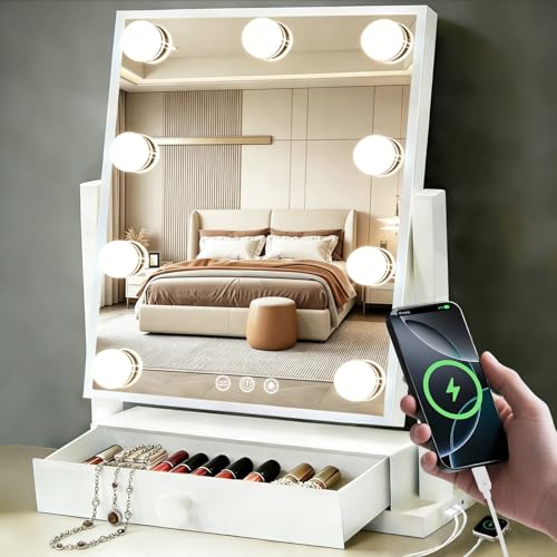 Espejo de maquillaje rectangular COLMERD con luz y cajón