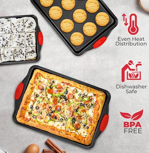PERLLI Non-Stick 3-Piece Baking Pan Set, BPA-Free Carbon Steel Bakeware Set with Silicone Handles, Stackable Kitchen Oven Set, Cookie Sheet, Baking Tray, Baking Sheet Set, Oven Safe (446°F) - Image 5