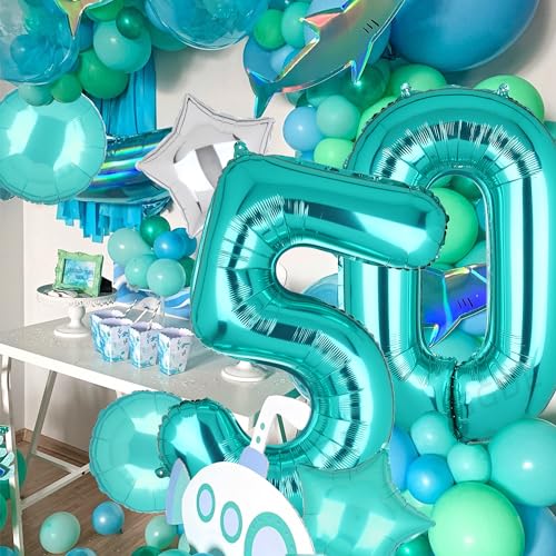 Image of Teal Blue Number 50 Balloons 40 Inch 50th Birthday Anniversary Theme 5 Pcs | Big Helium Mylar Digital Balloon Mermaid Wedding Party Decor Supplies