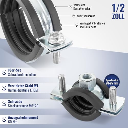 Poppstar 10x Schraubrohrschellen (Spannbereich 20-25 mm, 1/2\) mit Stockschrauben M8*90 und Dübeln, W1 Stahl verzinkt