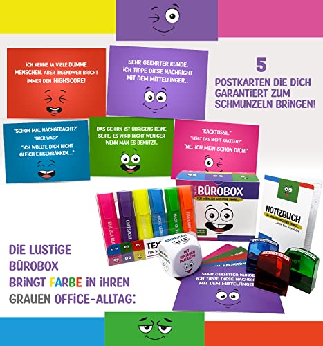 Lustige Büro Geschenk Box | Witzige Geschenkidee für Arbeitskollegen | 24-teilig | Textmarker, Anti-Stress Würfel, Notizblock, Stempel uvm.