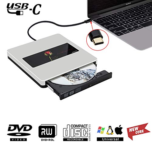 External CD Drive USB 3.0/Type-C Portable CD/DVD+/-RW Burner Player Writer CD ROM for Laptop Mac MacBook Ai Pro Windows Desktop PC(Silver)