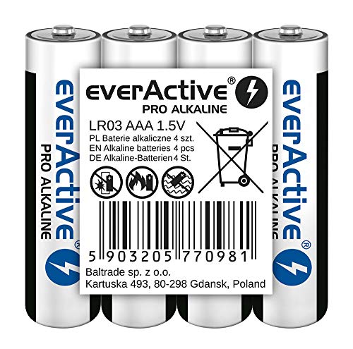 everActive Lot de 4 piles AAA Pro Alkaline Micro LR03 R03 1,5 V Haute performance 10 ans