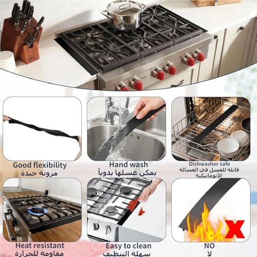 اغطية فجوات موقد من السيليكون (قطعتين)، 25 انش، غطاء سيليكون مقاوم للحرارة للفجوات بين الموقد والمنضدة، سهل التنظيف (اسود)